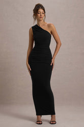 Black One-Shoulder Gathered Maxi Dress